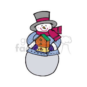 The clipart image features a festive snowman for the holiday season. The snowman is adorned with various colorful accessories including a top hat, scarf, mittens, and is holding a birdhouse. The snowman has a cheerful expression with pink cheeks, suggesting a cold winter scene typical of Christmas or holiday imagery.
