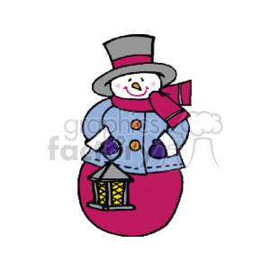 The clipart image depicts a stylized snowman dressed in winter attire. The snowman is wearing a top hat, a blue coat with yellow buttons, a red scarf, and is holding a yellow lantern. The snowman appears to be smiling and has a classic carrot nose, indicative of traditional snowman representations.