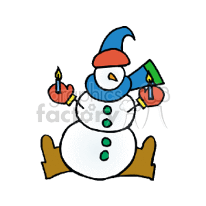 The clipart image features a cheerful snowman associated with the winter holiday season. The snowman is wearing a blue hat with a white stripe and a pom-pom, and a matching blue scarf with a white fringe. It has four green buttons on its front, a carrot nose, and its arms appear to be made of sticks. The snowman is also holding two lit candles, celebrating the festive spirit of Christmas.