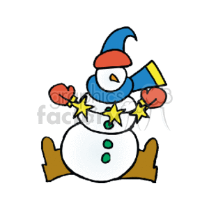 The clipart image features a cheerful cartoon snowman associated with the Christmas holiday season. The snowman is depicted with a traditional snowy white body comprising two segments, a blue winter hat, and a blue scarf. It has a carrot-like nose, two eyes, and is smiling. The snowman is wearing mittens and playing with three stars on a piece of string. The setting suggests a fun winter holiday theme.