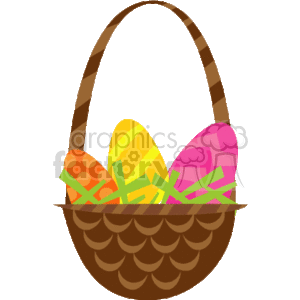 This is an image of a brown handled basket filled with colorful decorated Easter eggs. The eggs appear to be painted in vibrant shades of pink, yellow, and orange, and rest on a bed of green grass-like filler within the basket.
