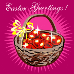 The clipart image depicts a wicker basket filled with red, shiny Easter eggs. A decorative yellow ribbon with a bow is attached to the basket's handle. Above the basket, the phrase Easter Greetings! is written in stylized text, emphasizing the holiday celebration. The background features radiant pink lines emanating from the center, giving the image a festive and vibrant appearance.