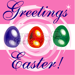 The image features three decorated Easter eggs in colors purple, red, and green, each with a white swirl design. The background is pink with a lighter pink swirl design, and there's a text in the center saying Greetings Easter! accompanied by a small white star.