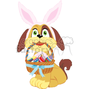 The clipart image shows a cartoon dog with prominent blue eyes, dressed in Easter bunny ears, holding a woven basket with a blue bow tied around it. Inside the basket, there are various colorful decorative Easter eggs. The dog appears to be cheerful and is seemingly participating in Easter celebrations.