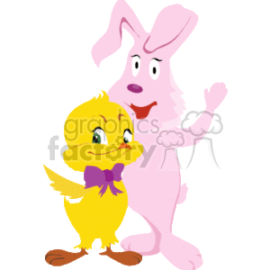 The image shows a cartoon of a cheerful pink Easter bunny accompanied by a happy yellow chick. The bunny is standing and waving, while the chick, which is wearing a purple bow, stands beside it. Both characters appear to be in a celebratory mood, often associated with the Easter holiday.