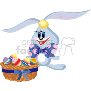 Floppy eared blue bunny with basket of eggs