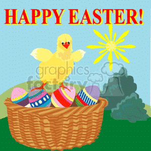 Happy Easter card with chick and basket of eggs