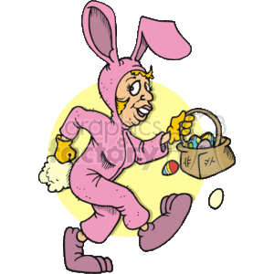 The clipart image features a character dressed in a pink bunny costume, complete with large ears and a fluffy tail. The character is smiling and holding a wicker basket filled with colorful Easter eggs in one hand, while playfully hiding or finding an egg with the other hand. The bunny is depicted mid-step, giving the impression of movement, perhaps in the act of an Easter egg hunt.