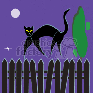 The clipart image features a Halloween-themed scene with a black cat arched on top of a pointed wooden fence. The background is a purple sky with a white full moon on the upper left corner and a small white star near the horizon. 