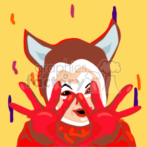 The clipart image features a person wearing a fox costume for Halloween. They are making a playful gesture with their hands, creating a frame around their eyes, and smiling. The costume includes ears and a hood in the shape of a fox's head, and the individual is dressed in red, with accents suggesting the fur pattern of a fox. The background is a festive yellow with celebratory confetti or streamers, reinforcing the holiday theme.