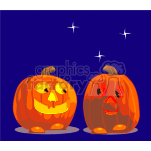 The image displays two carved pumpkins with lit interiors that glow, commonly known as jack-o'-lanterns, against a dark blue night sky dotted with twinkling stars. The pumpkin on the left has a face with a cheerful expression, while the one on the right appears to have a sadder, droopy face.