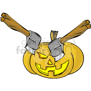 The clipart image features a Halloween-themed design with a carved pumpkin in the center, commonly referred to as a jack-o'-lantern, with a menacing face. Embedded into the pumpkin are two axes, which add to the spooky, festive theme of Halloween.