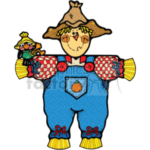 The clipart image depicts a colorful, country-style scarecrow. The scarecrow is dressed in patchwork attire, featuring blue pants with red ties at the bottom, a multicolored top with a checkered pattern on the arms and an orange patch on its bib with a pumpkin design. It has a friendly face with a stitched smile and rosy cheeks. On its head, it wears a brown, floppy hat with a small crow or bird perched on top, suggesting a humorous take on the scarecrow's usual purpose to scare away birds. The scarecrow's arms are spread out, and its overall appearance is one of a stuffed, slightly plump figure.