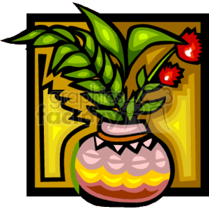 This clipart image features a stylized representation of a plant with green leaves and red flowers in a decorative vase. The vase has a pattern with shades of pink, yellow, and orange. The background consists of bold yellow and black geometric shapes.