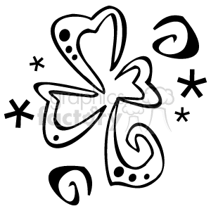 The image shows a stylized outline of a shamrock, a plant commonly associated with Saint Patrick's Day and Irish culture. The shamrock in the clipart appears artistic with decorative elements such as swirls and dotted patterns. The illustration is monochrome, and there are also small decorative elements around the shamrock that could be interpreted as stylized representations of smaller shamrocks or abstract designs.
