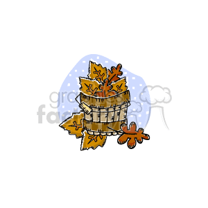 The clipart image depicts a wooden barrel filled with autumn leaves, signifying the fall season and its association with Thanksgiving.