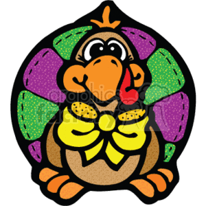 This image depicts a stylized cartoon turkey with a festive appearance often associated with Thanksgiving. The turkey has a colorful plumage adorned with what looks like stitch patterns, a big yellow bow at its neck, and a happy expression on its face. The predominant colors in the plumage are purple and green with patchwork details, and the background is black, likely to make the colorful turkey stand out.