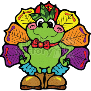 The clipart image includes a green frog with a red bow tie, standing upright on two feet. The frog has a cheerful expression and is wearing a headdress made of colorful autumn leaves, suggesting a Thanksgiving theme.