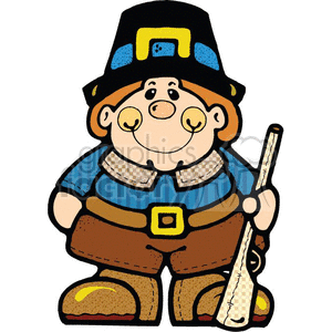 This clipart image depicts a cartoon of a young boy dressed as a pilgrim, which is associated with the American Thanksgiving holiday. The boy is wearing traditional pilgrim attire, featuring a black hat with a yellow buckle, a blue shirt with possibly a checkered pattern, brown pants with a belt and a similar yellow buckle, and large brown shoes with yellow buckles. He is holding what appears to be a blunderbuss, a firearm commonly associated with that historical period.