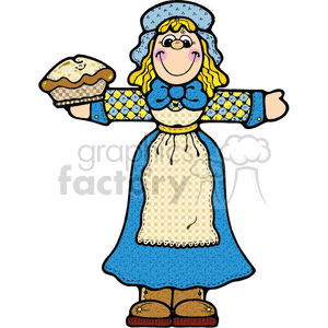 The image is a colorful clipart illustration featuring a cartoon woman dressed in a traditional American pilgrim outfit, associated with Thanksgiving. She has blonde hair with a blue bonnet, a blue dress with a checkered pattern on the sleeves and collar, an apron, and brown shoes with green accents. The woman is smiling and holding a pie in her extended left hand, suggesting she's offering it. The style is cute and whimsical, with bold outlines and a friendly appearance common to holiday-themed decorations.