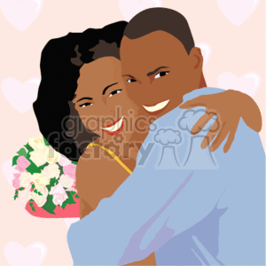This clipart image shows an African American couple embracing with smiles on their faces. The woman is holding a bouquet of flowers, and there are heart shapes visible in the background, suggesting a romantic atmosphere. The overall theme of the image aligns with Valentine's Day, depicting love and happiness.