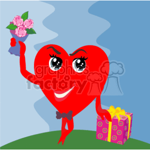 This clipart image features a cartoon-style anthropomorphic red heart character with big, expressive eyes and a smiling mouth. The heart is holding a bouquet of pink flowers in one hand and is standing next to a colorful wrapped gift with a yellow bow, implying the giving of presents. The background shows a simple, stylized outdoor setting with a gradient blue sky and green ground.