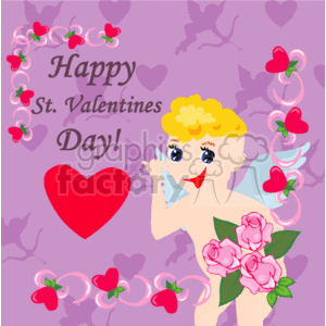 The clipart image features a cartoon representation of a cherubic cupid with wings, holding a bouquet of pink roses. The background is purple with silhouettes of hearts and smaller cupids. There is a large red heart to the left of the cupid, and a banner above with the text Happy St. Valentine's Day!. The entire image is decorated with various hearts, some of which are linked together by a vine. Additionally, there are heart-shaped decorations adorned with small flowers surrounding the phrase.
