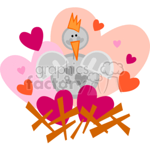 This is a whimsical clipart image featuring a gray cartoon chicken adorned with a golden crown. The chicken has heart-shaped patterns on its feathers and is surrounded by a cluster of stylized hearts in various shades of pink, orange, and red. The hearts appear as a backdrop and also around the chicken, suggesting a theme of love and affection. Below the chicken is a nest-like arrangement of brown lines, resembling twigs or straw, cradling heart shapes.