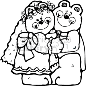 The clipart image depicts two teddy bears in a wedding-themed attire, suggesting they represent the characters of a bride and groom. The one on the left appears to be the bride, complete with a veil, floral headdress, and a bouquet. The other bear, presumably representing the groom, has a more simplistic design, suggesting a suit or tuxedo. They seem to be holding hands, representing a moment of unity and affection, typical of a wedding scene.