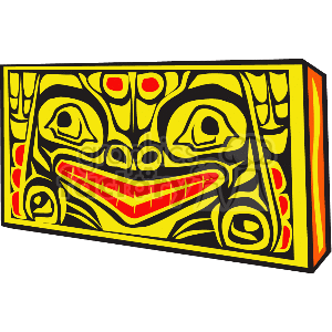 The image displays a stylized, rectangular object with a design resembling traditional Indigenous or tribal art, possibly reminiscent of a Tlingit or Northwest Coast Native American totem design. The design features bold lines and contrasting colors, including yellow, red, and black, depicting a face with prominent eyes, nose, and a wide mouth.