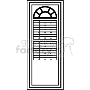 This clipart image depicts a door with a decorative window panel. The window panel has a semi-circular arch design at the top, and is segmented into multiple square and rectangular sections.
Concise 