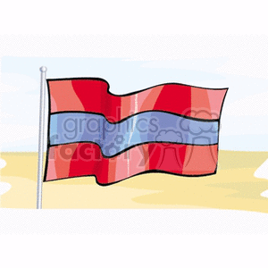 This clipart image depicts the national flag of Armenia, featuring its distinctive horizontal tricolor of red, blue, and orange bands, illustrated on a flagpole with a stylized background that suggests an outdoor setting.