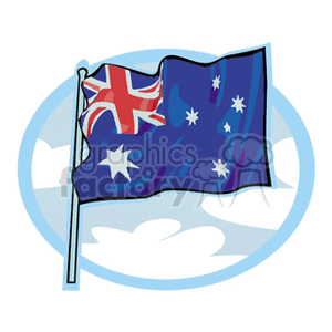 This clipart image features a stylized depiction of the flag of Australia. The flag is shown waving and consists of a dark blue field with the Union Jack in the upper hoist quadrant and a large white seven-pointed star below (the Commonwealth Star), plus a representation of the Southern Cross constellation in white stars, one small five-pointed star and four larger seven-pointed stars, on the right side.