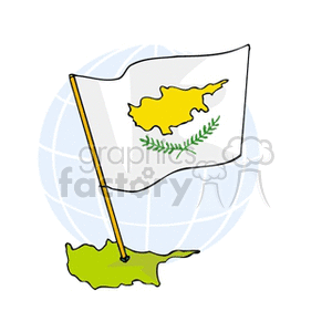 The image is a simple clipart representation of the flag of Cyprus. It features a white background with a map of Cyprus in the center in a copper or gold color, reflecting the large deposits of copper on the island historically. Below the map, there are green olive branches, a symbol for peace. The flag is placed on a stylized blue and white globe background.
 