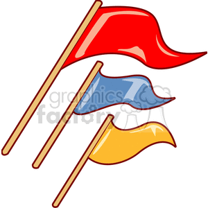 The clipart image shows three stylized flags on poles. The flags are depicted in solid colors with the top flag being red, the middle flag blue, and the bottom flag yellow. The flags have a wavy design implying movement or being blown by the wind.