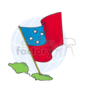 The image shows a stylized representation of the flag of Samoa, with a red field and a blue rectangle in the upper hoist-side quadrant bearing five white five-pointed stars representing the Southern Cross constellation. The flag is mounted on a gold flagpole. In the foreground, there is a simplified outline of the two main islands of Samoa in green, set against a background depicting a portion of a globe with longitude and latitude lines.