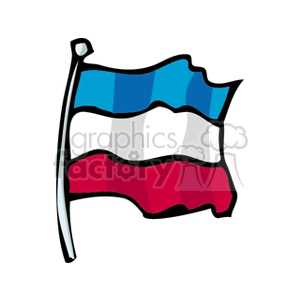 The image depicts a stylized clipart of a flag with a blue top stripe, a white middle stripe, and a red bottom stripe, mounted on a flagpole. The flag appears to be fluttering or waving.