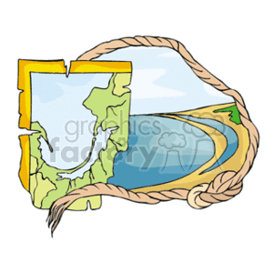The clipart image depicts a stylized map showing a landmass with a bay. The bay cuts into the land, showing water which is likely an ocean or sea. The landmass is shaded in greens, indicating terrain, while the water is in shades of blue. The map is bordered by a rope-like frame on the right side, providing a nautical theme to the image. There are no animals visible in the clipart.