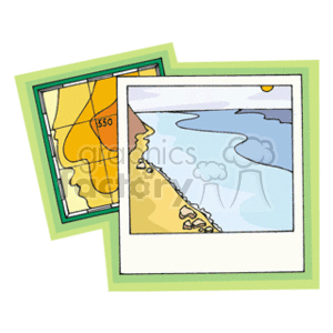 The clipart image shows two overlapping maps. The one in the foreground appears to depict a coastal area with a body of water, shore, the sun in the sky, and what might be stones or boulders along the coastline. The map in the background looks like a topographic map showing contour lines that might represent different altitudes, with a number 1550 suggesting a specific elevation in meters or feet.