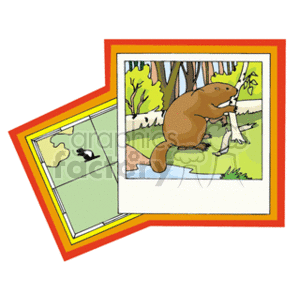 The clipart image shows a cartoon illustration of a beaver standing by a tree near water, with a backdrop of a forest scene. The beaver appears to be holding onto the tree trunk, possibly gnawing at it. To the left of the beaver image is another smaller image, which seems to be a map. The map has a silhouette of a beaver, indicating that it might be representing an area where beavers are found or related to a beaver's habitat.
