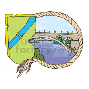 The clipart image features a stylized representation of a geographical map with a river or waterway running through it, partially bordered by a yellow-green area that could represent land or a specific region. To the right, there's a circular inset framed by a rope, which provides a closer view of a bridge spanning across a body of water – probably the same river seen on the map. The bridge appears to be an arched stone bridge, connecting two landmasses with a few rocks visible at the base. The backdrop suggests a natural landscape setting, perhaps indicative of a specific location that is known for such a bridge.