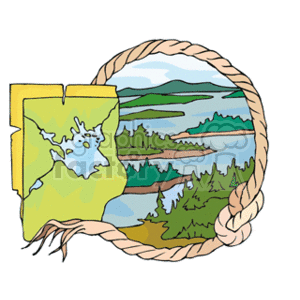 The image depicts a stylized representation of a geographic area, featuring a map and an illustrative view of a landscape. The map appears to show a yellow-colored landmass with a blue lake, while the detailed illustration within a circular rope-like border showcases rolling hills, trees, and bodies of water, suggesting a lake with inlets or a river system.