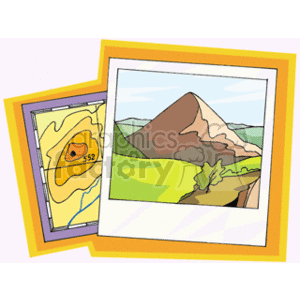 The image is a clipart composition featuring two overlapping framed images. The first frame depicts a topographic map with contour lines and a marked elevation point or feature (could be a peak or landmark) designated by the number 532. The second frame shows an artistic representation of a mountain landscape with a prominent peak, green hills in the foreground, and a leafy plant or shrub in the corner.