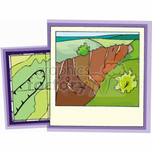 The image shows two representations of a landscape. On the right, there is an artistic, colorful illustration of a mountain or cliff edge with greenery surrounding it, possibly trees or bushes, under a blue sky. On the left, juxtaposed with the illustration, there is a traditional topographic map with contour lines indicating elevation changes, a common feature of maps used to represent mountainous terrain.