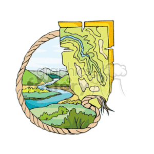 This clipart image features a stylized depiction of a landscape within a circular frame that resembles a rope or a coiled object. Within the frame, there is a river flowing through a green valley with hills or mountains in the background. On the right side of the image, partially overlapping the scene, is a yellow rectangular map or chart showcasing the river's course, with contour lines indicating elevation changes on the land surrounding the river.