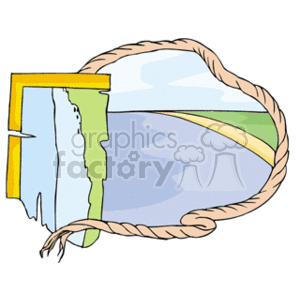 The clipart image depicts a stylized map wrapped within a rope, hinting at nautical themes such as ocean navigation or travel. The map shows a section of land adjacent to a body of water, which could represent a coast. The color gradient from light blue to dark blue suggests shallow to deep water, indicating proximity to the shore. The rope surrounding the map symbolizes exploration, travel, or adventure, often associated with maritime journeys.