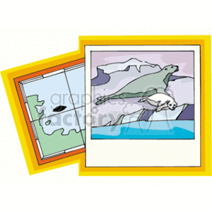 The clipart image portrays two rotating frames—in the background, there is a colorful representation of a paper map with green landmasses and blue water bodies, featuring an unmistakable map pin or marker. In the foreground, there is a depiction of two seals—one appears to be swimming or gliding through the water, and the other is resting on an iceberg or a piece of floating ice. The background colors suggest the imagery could be associated with cartography, navigation, or geographic studies, while the foreground relates to marine life and possibly climate or environmental themes.