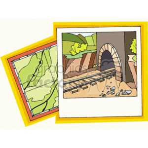 This clipart image features a train tunnel entrance built into a brown rocky terrain with green foliage on top. In front of the tunnel, there are railway tracks leading into the dark interior, and a few rocks scattered around the entrance. Adjacent to the tunnel image is a map with contour lines suggesting hilly or mountainous terrain, framed in an orange border.