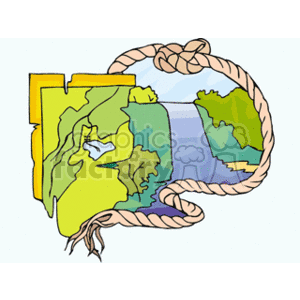 The image shows a stylized illustration of two maps coming together to create a panoramic view. A section of one map depicts a landscape with mountains or cliffs, and the central part features a waterfall cascading down. The other section of the map shows a continuation of the terrain. Both maps are bound together by a rope with frayed ends, suggesting an adventurous or exploratory theme. The graphics are designed in a simplified, colorful style typical of clipart.