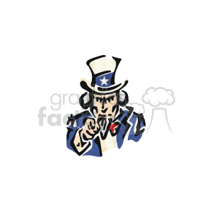 The clipart image features a stylized representation of Uncle Sam, a national personification of the United States, often used in patriotic contexts. The figure is sporting a blue tailcoat with white stripes and red trim, a white shirt with a bow tie, and a tall top hat that is striped with a star on the band, encapsulating the colors of the American flag: red, white, and blue. Uncle Sam is depicted pointing directly towards the viewer, a gesture reminiscent of the famous I Want You recruiting posters used by the U.S. military.